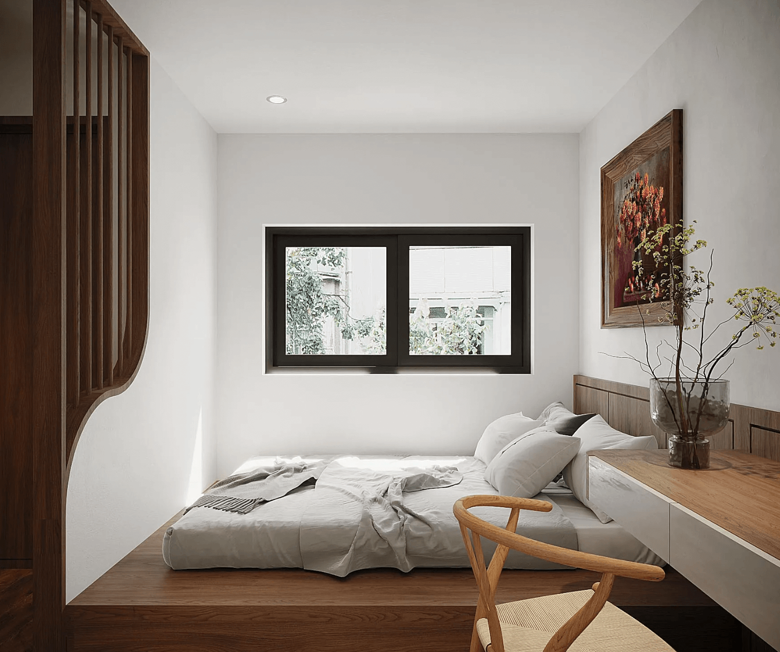 Phòng ngủ tối giản với giường gỗ, cửa sổ lớn và tranh treo tường tạo không gian thoải mái và ấm cúng.