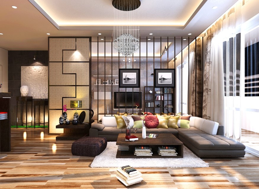 Phòng khách hiện đại với sofa lớn, đèn chùm và trang trí sang trọng.