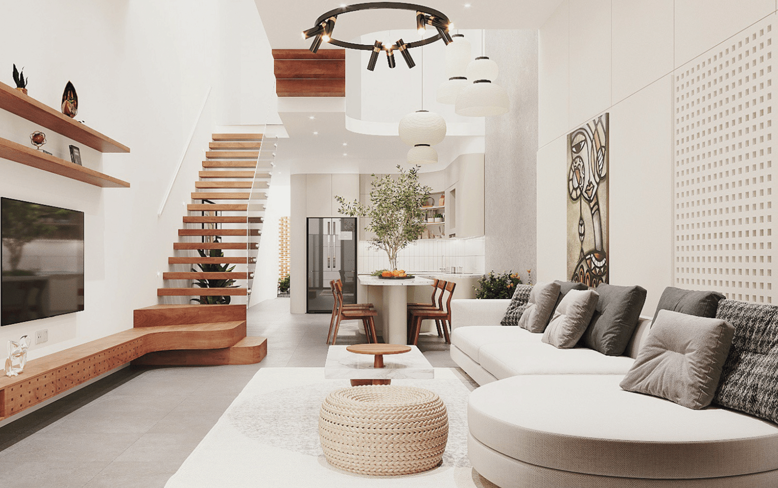 Phòng khách hiện đại với nội thất gỗ, cầu thang nổi bật và sofa sáng màu, ánh sáng tự nhiên tạo không gian thư giãn.