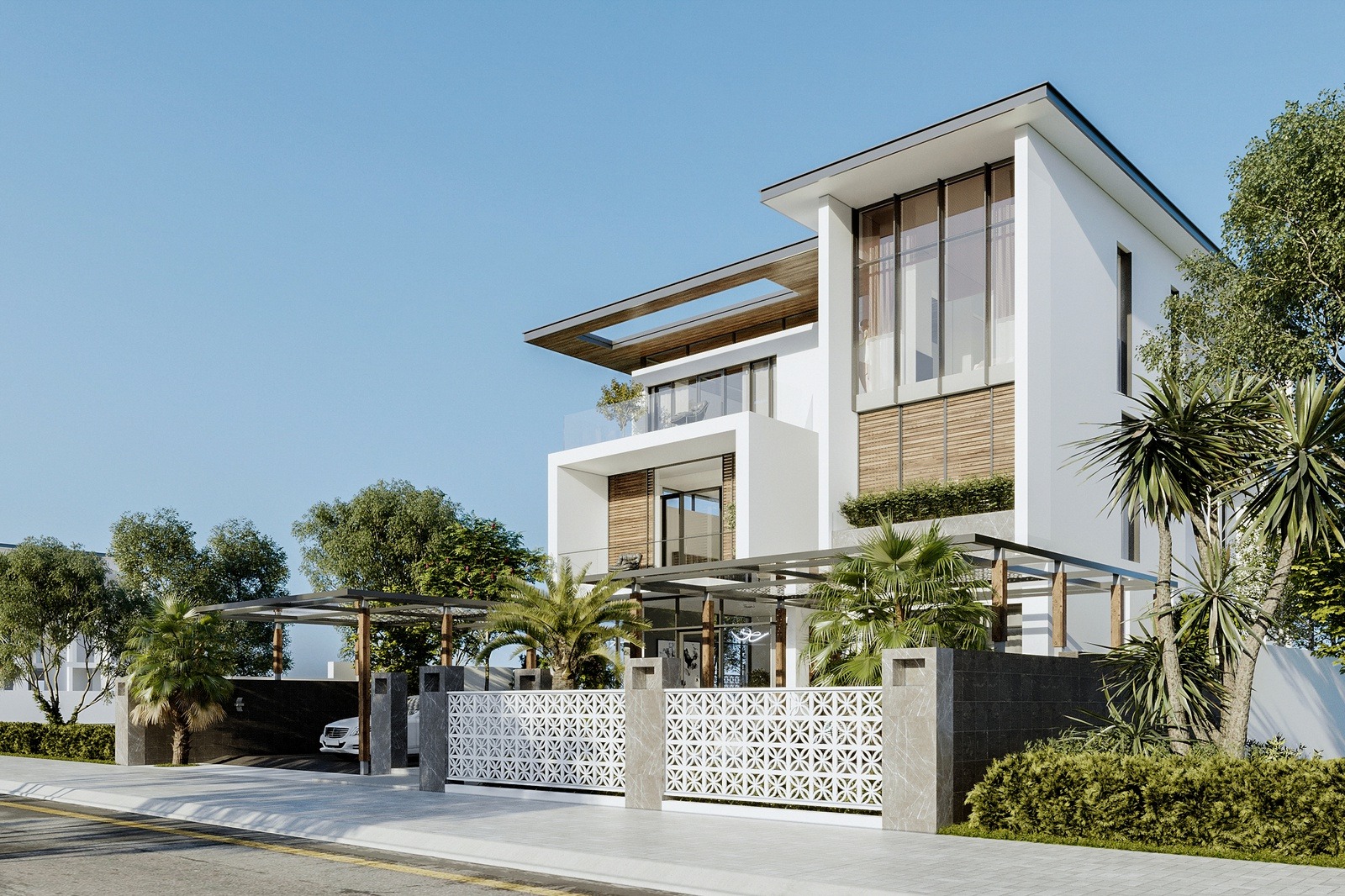 Biệt thự hiện đại với thiết kế tối giản, cửa sổ kính lớn và cây xanh bao quanh, nắng sáng chiếu rọi.