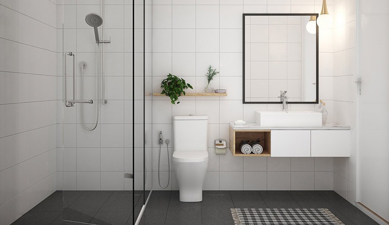 Phòng tắm hiện đại với nội thất trắng, gương vuông, vòi sen và bồn rửa, tạo không gian sạch sẽ, thoải mái.