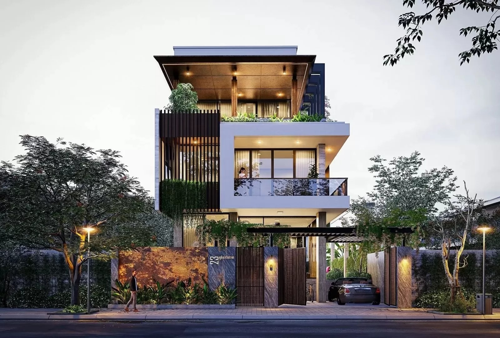 Nhà hiện đại sang trọng với ba tầng, thiết kế tối giản, cây xanh xung quanh, cửa kính lớn và ánh sáng dịu.