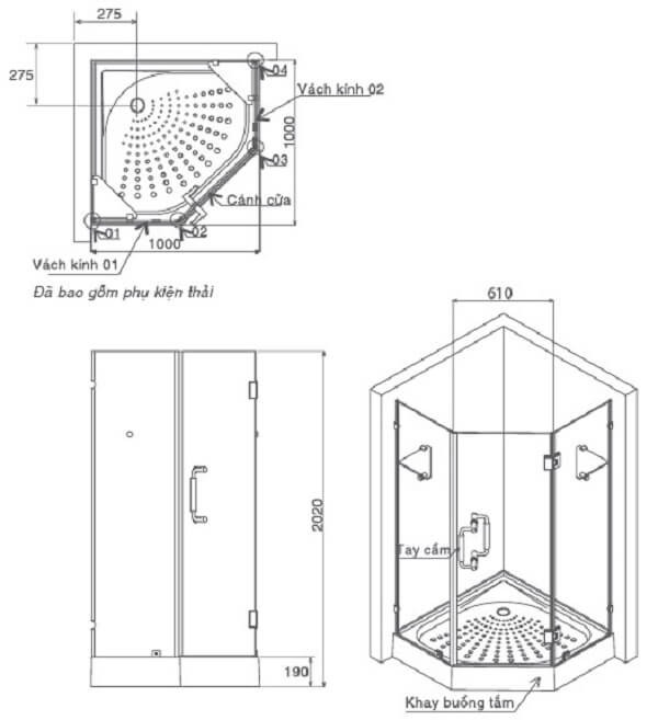 Bản vẽ kỹ thuật buồng tắm có kích thước và chi tiết cửa, tay cầm, vách kính và khay buồng tắm.