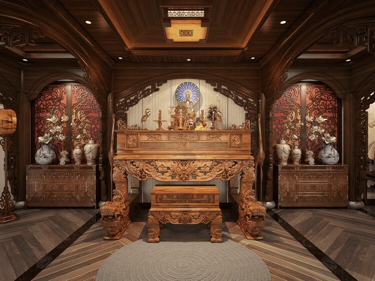 Bàn thờ gỗ truyền thống với họa tiết tinh xảo, trang trí và đèn trang nhã trong không gian nội thất cao cấp.