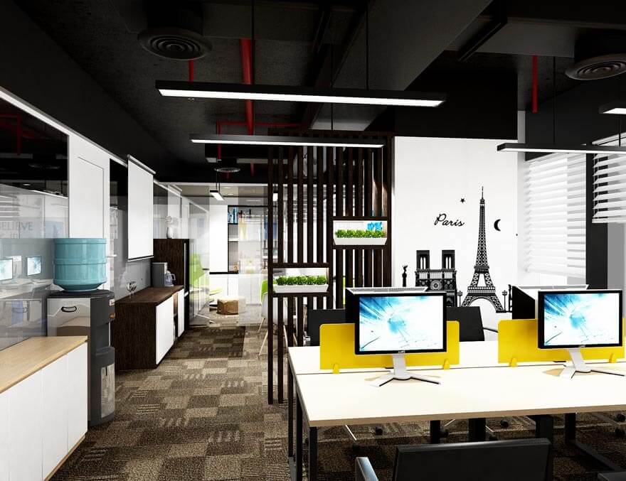 chon-noi-that-van-phong-phu-hop-voi-khong-gian Văn phòng hiện đại với màu sắc tươi sáng, trang trí tường hình tháp Eiffel, và bàn làm việc có máy tính.