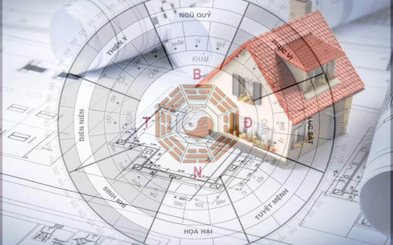 Bản thiết kế nhà kết hợp phong thủy với la bàn bát quái, mô hình nhà nhỏ trên bản vẽ kiến trúc chi tiết.