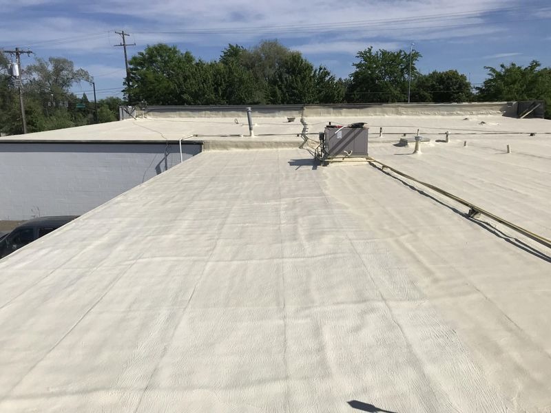 Mái nhà phẳng phủ lớp vật liệu trắng với cây xanh và bầu trời xanh phía sau.