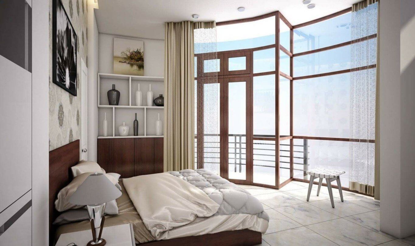 Phòng ngủ hiện đại, ánh sáng tự nhiên, cửa kính lớn và nội thất tối giản, sang trọng.