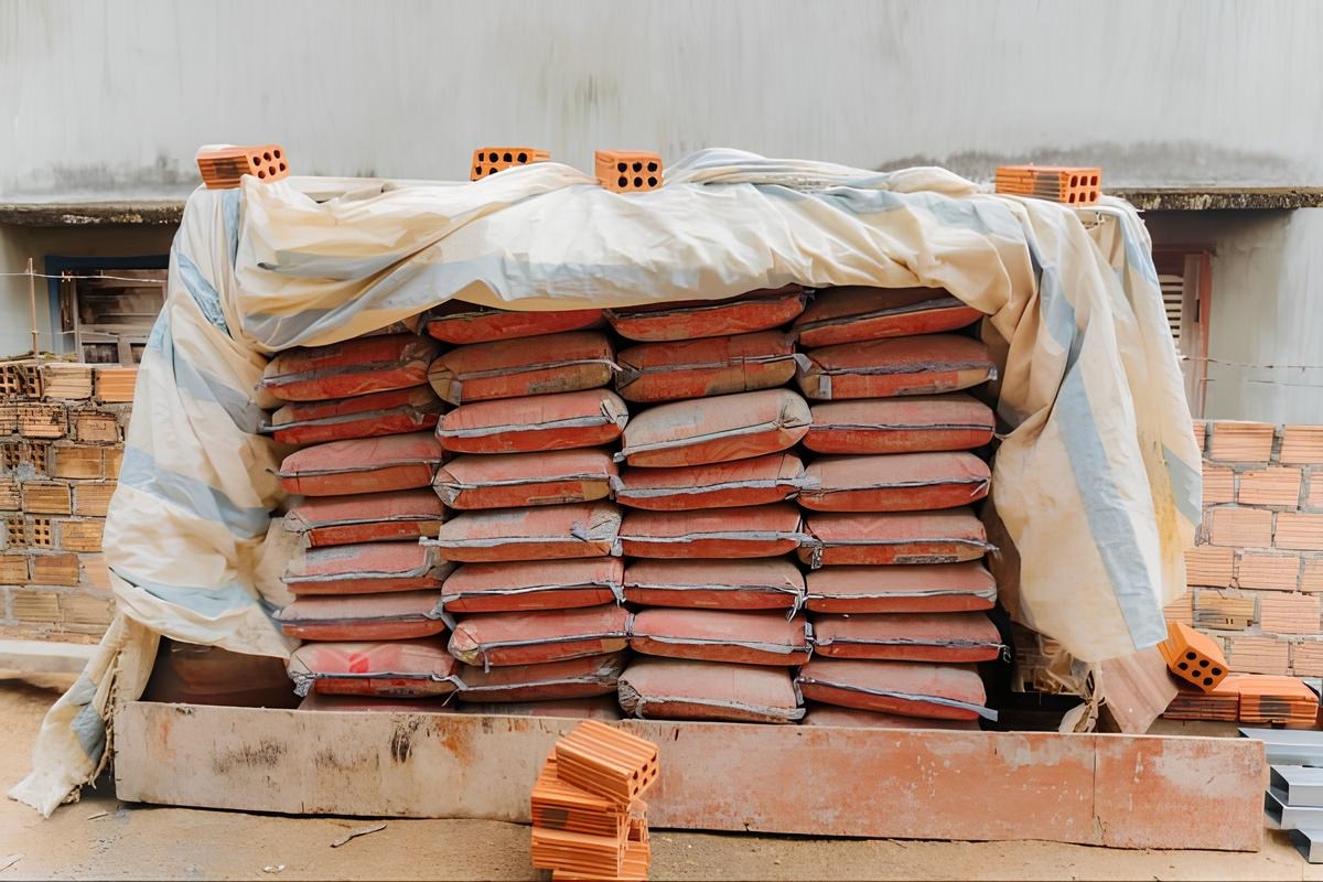 chuan-bi-bao-ve Những bao xi măng xếp chồng, phủ bạt, cạnh chồng gạch đỏ trong công trường xây dựng.