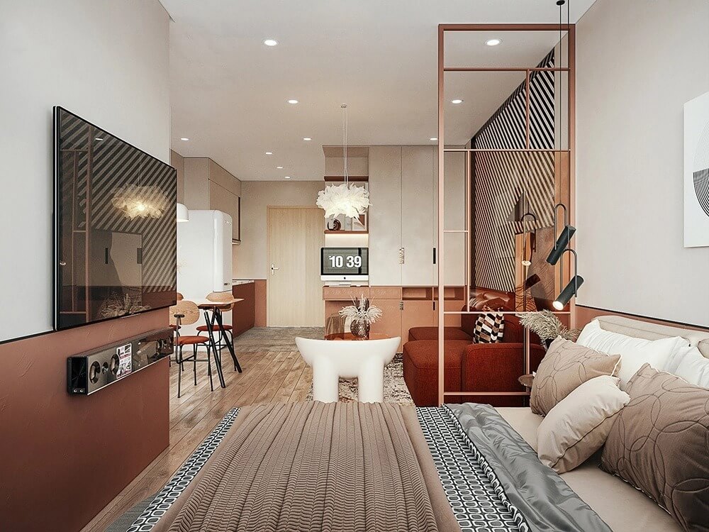 Phòng khách hiện đại với sofa, bàn ăn và nội thất trang trí tinh tế, tông màu trung tính và ánh sáng ấm áp.