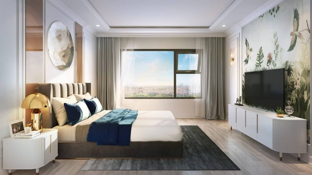 Phòng ngủ hiện đại với giường lớn, cửa sổ nhìn ra cảnh đẹp, TV treo tường và trang trí tinh tế.