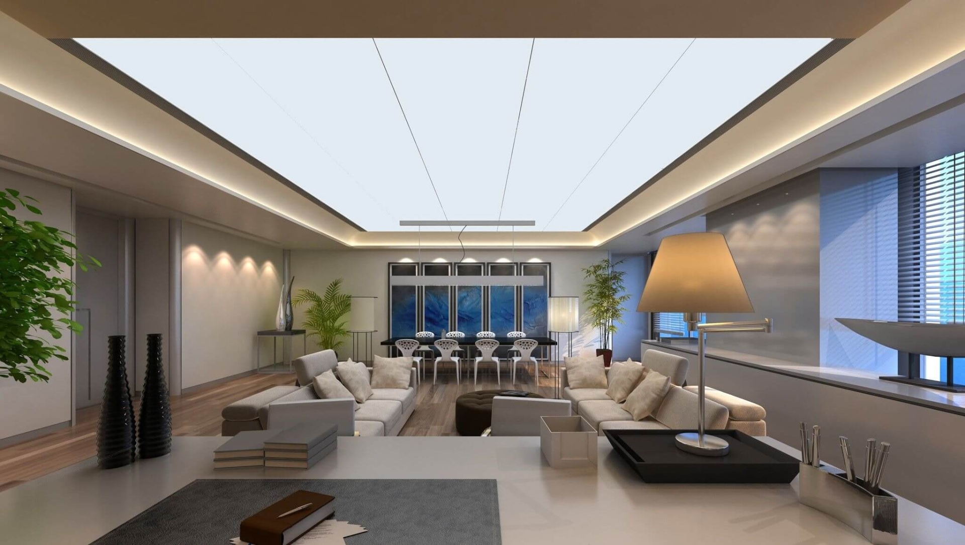 cls1v4gey0abtipnz9wx Phòng khách rộng rãi với nội thất hiện đại, đèn trần LED và sofa thoải mái.