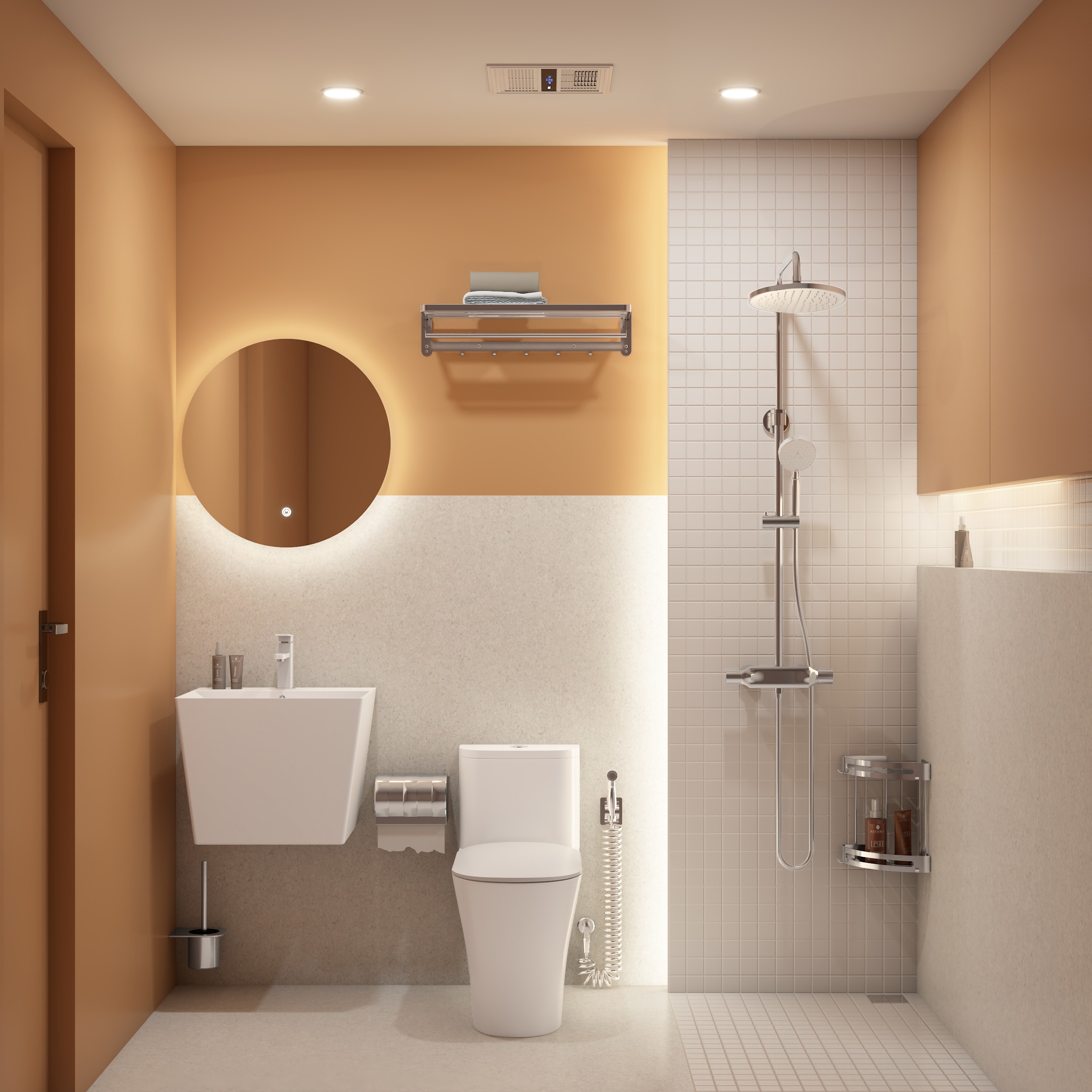 Phòng tắm hiện đại với tông màu cam, vòi hoa sen, bồn rửa và gương tròn, mang phong cách tối giản và sang trọng.