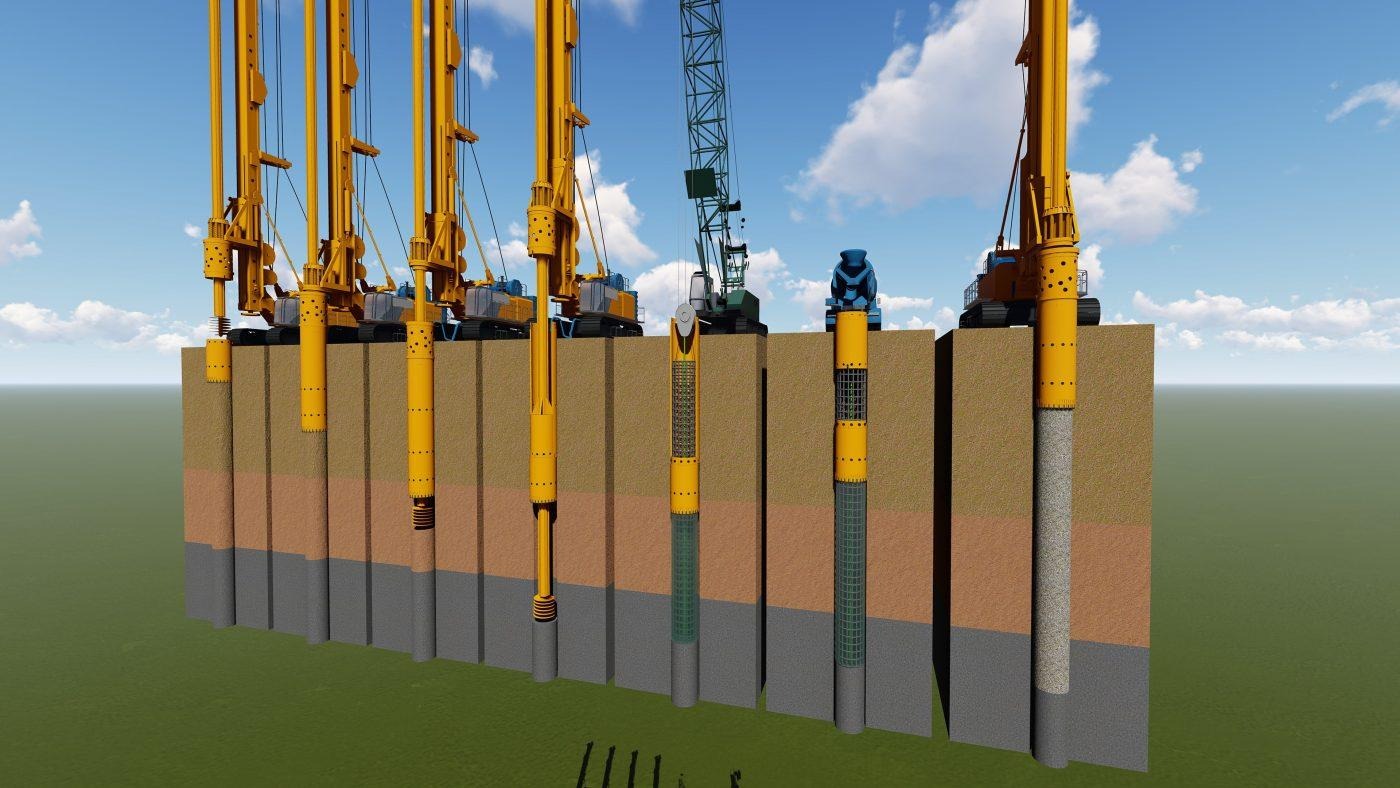 Máy khoan nền móng xây dựng đang hoạt động, thể hiện quá trình khoan cọc và kết cấu đất.