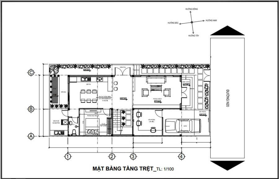 Bản vẽ mặt bằng tầng trệt chi tiết, gồm phòng khách, bếp, phòng ngủ và gara ô tô, hướng dương bắc nam.