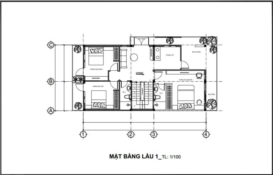 Bản vẽ thiết kế mặt bằng tầng 1 với sơ đồ phân chia phòng và bố trí nội thất chi tiết.