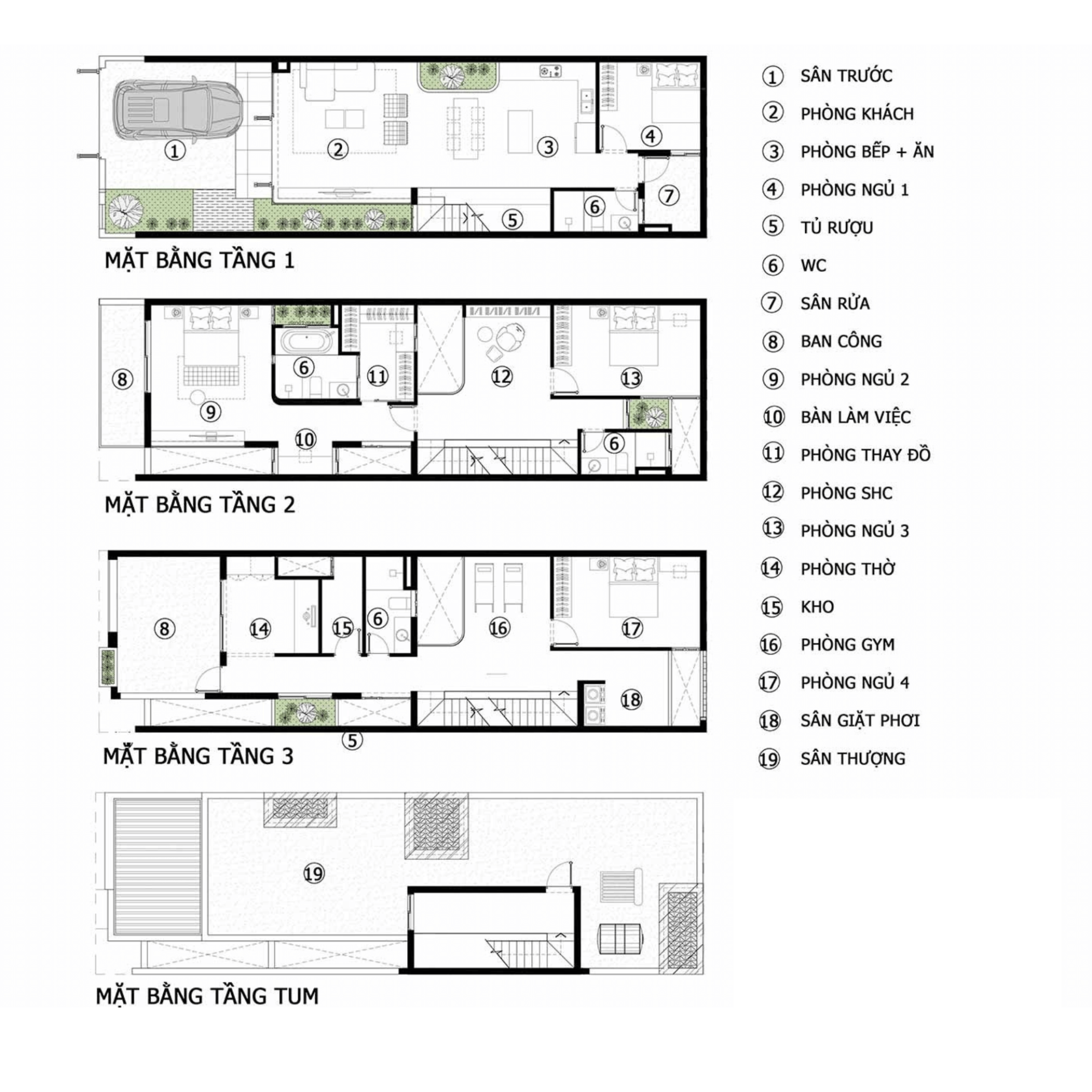 Công năng nhà 3 tầng 1 tum tiện nghi