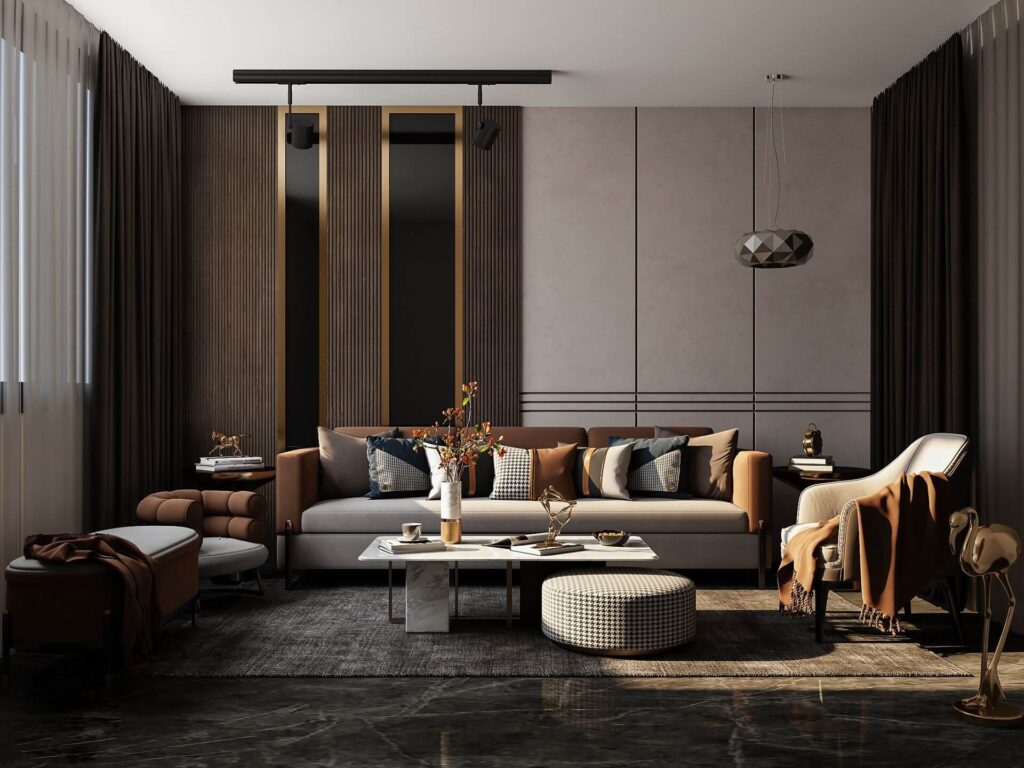 Phòng khách hiện đại với sofa, bàn trà và đèn treo phong cách, tạo không gian ấm cúng và sang trọng.