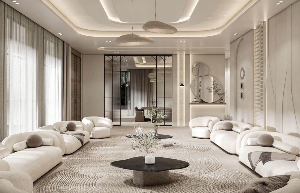 Phòng khách sang trọng với ghế sofa trắng, bàn trung tâm và trang trí hiện đại.