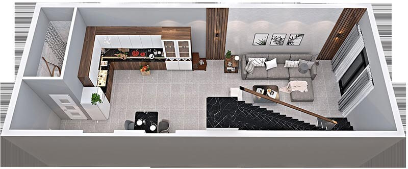 Nhà mẫu hiện đại với phòng khách rộng, bàn ăn và bếp, cầu thang đá đen nổi bật, thiết kế ánh sáng tinh tế.