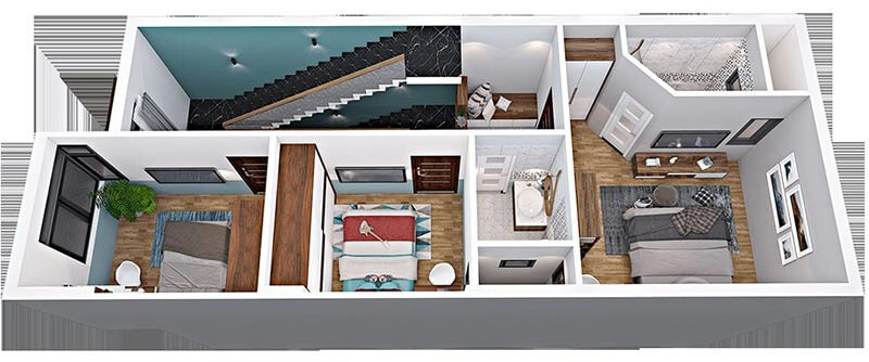 Bản vẽ 3D nội thất tầng hai với ba phòng ngủ, phòng tắm, cầu thang và phòng khách sang trọng.