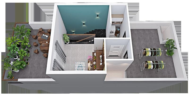 Mặt bằng tầng với phòng khách, cây xanh, cầu thang lên tầng, và khu trưng bày quần áo.