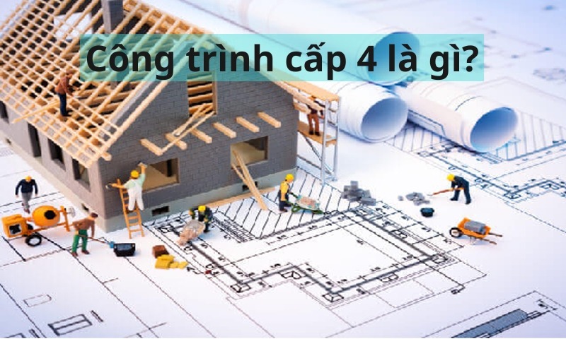 Nhà cấp 4 đang xây trên bản vẽ thiết kế, có công nhân và vật liệu xây dựng xung quanh.