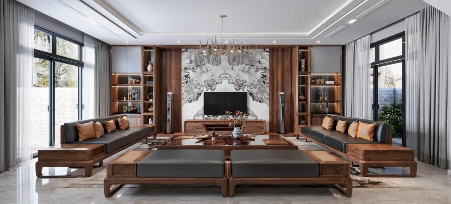 Phòng khách hiện đại với nội thất gỗ và ghế sofa sang trọng, kệ sách và cửa sổ lớn tạo ánh sáng tự nhiên.