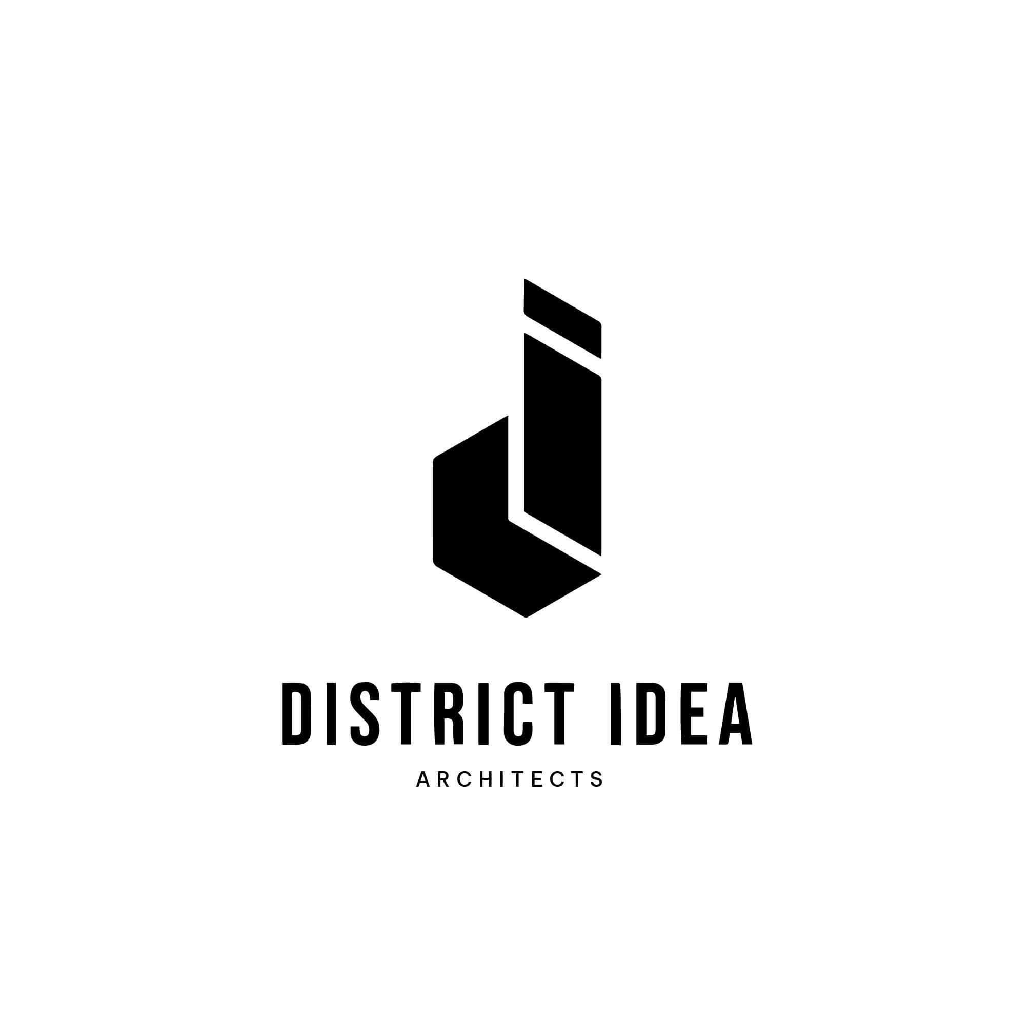cong-ty-thiet-ke-noi-that-district-idea-da-nang Logo District Idea Architects màu đen trên nền trắng, thiết kế hình khối hiện đại và tối giản.