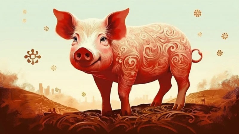 Hình minh họa con lợn với hoa văn nghệ thuật, nền phong cảnh thành phố mờ ảo.