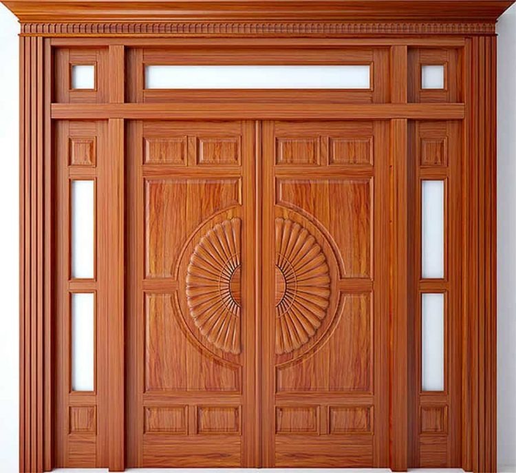 Cửa gỗ sang trọng với họa tiết khắc tinh xảo và đường viền trang trí cổ điển.