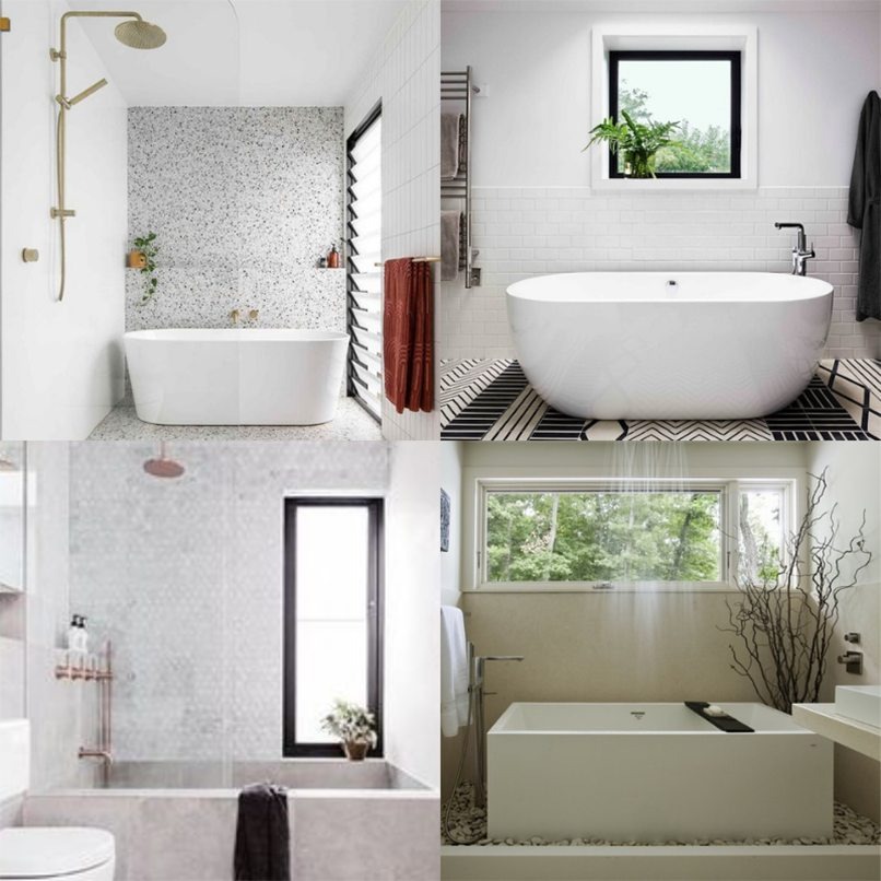 Bốn phong cách thiết kế phòng tắm hiện đại với bồn tắm đứng và bồn tắm nằm, trang trí cây xanh và cửa sổ thoáng.