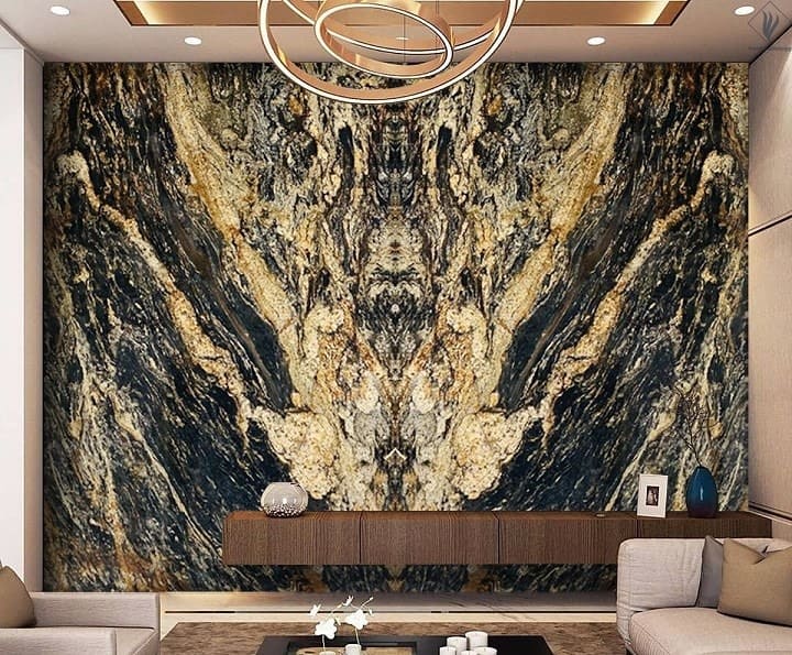 Bức tường trang trí đá cẩm thạch, họa tiết độc đáo trong không gian phòng khách sang trọng.