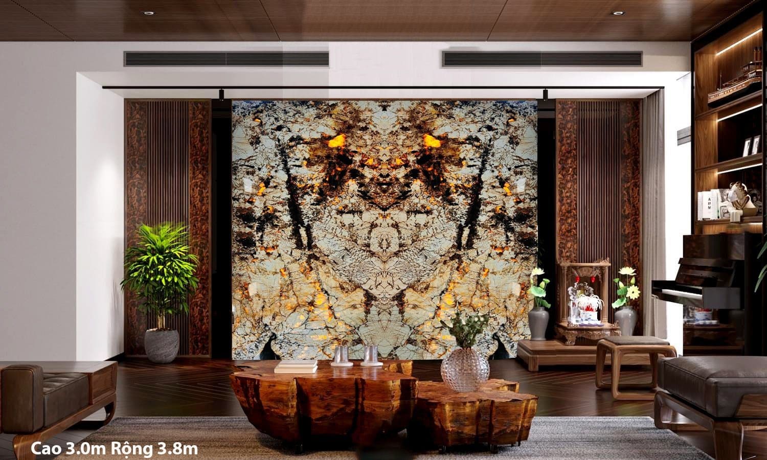 Phòng khách sang trọng với bàn gỗ và bức tranh đá vân độc đáo, tạo điểm nhấn mạnh mẽ cho không gian.