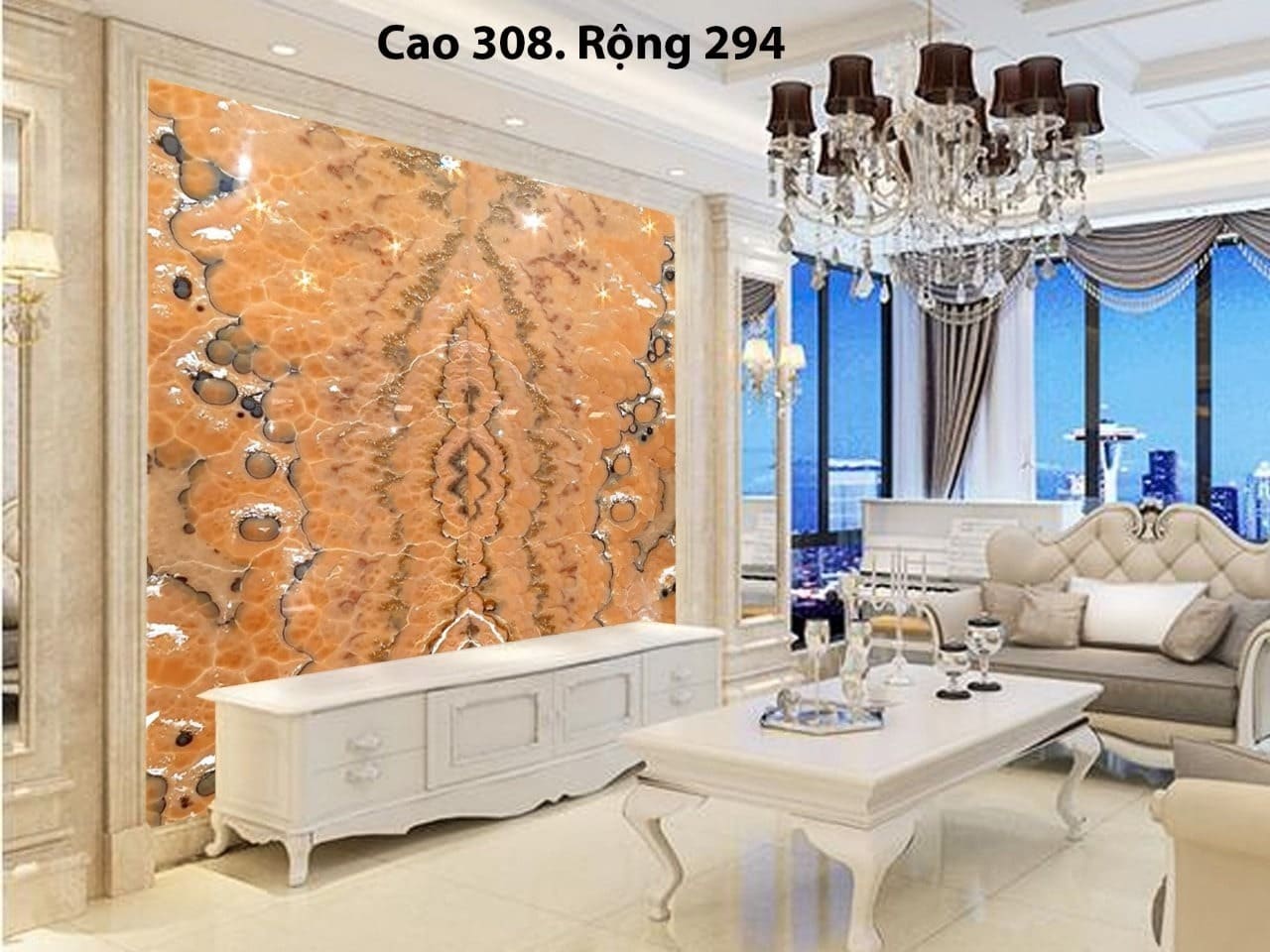 Phòng khách sang trọng với tường đá hoa cương màu cam, kích thước cao 308 cm, rộng 294 cm.