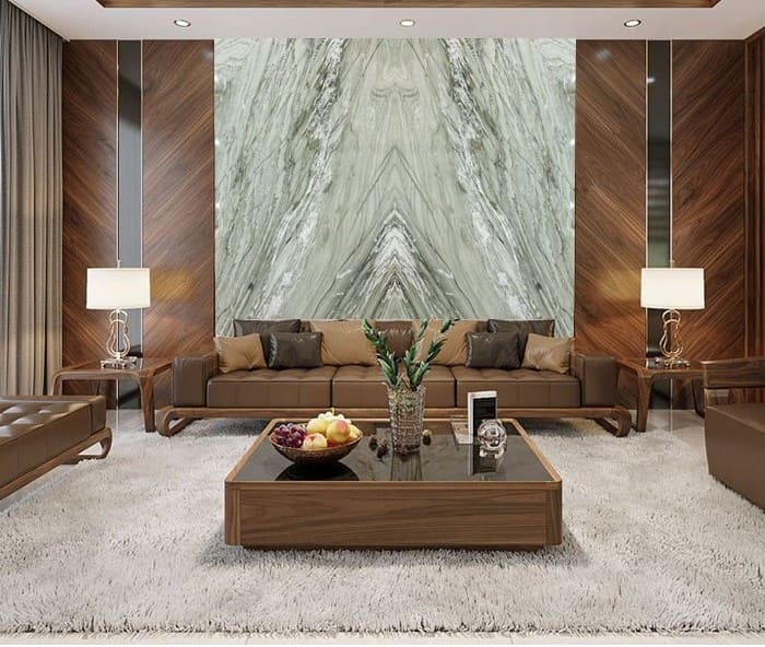 Phòng khách sang trọng với tường đá cẩm thạch và nội thất sofa màu nâu thanh lịch.