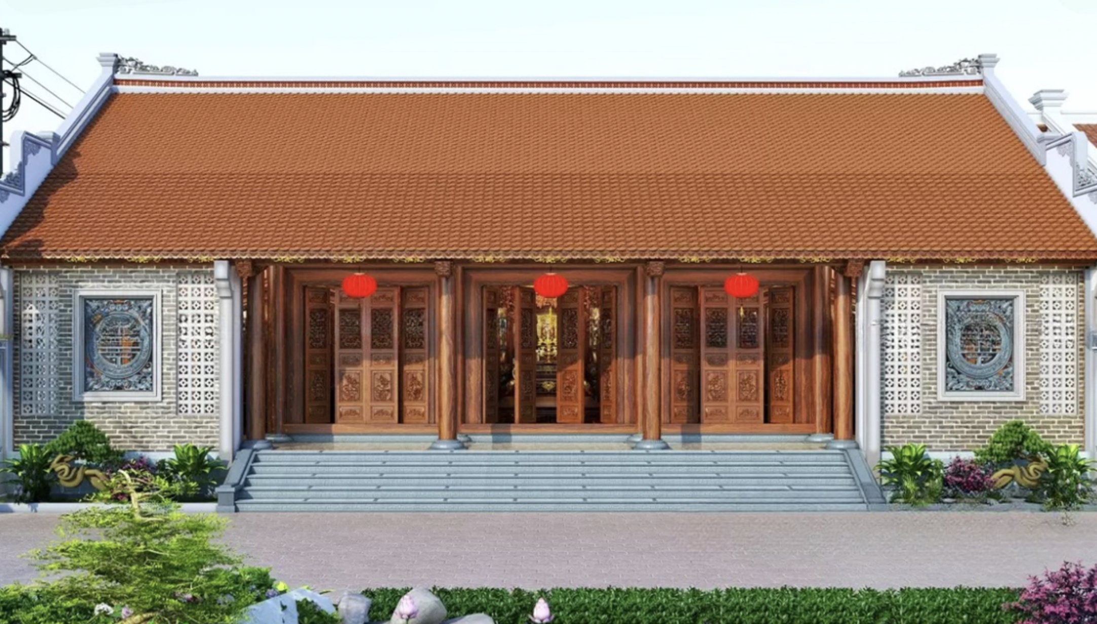 Nhà thờ truyền thống Việt Nam với mái ngói đỏ, đèn lồng đỏ và cửa gỗ chạm khắc tinh xảo.