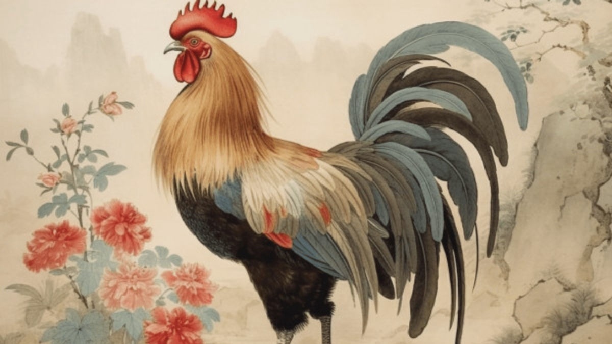 Tranh gà trống trên nền hoa mẫu đơn, phong cách cổ điển, nghệ thuật Trung Quốc.