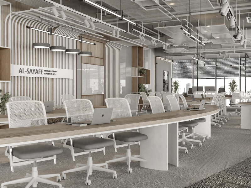 dac-diem-cua-thiet-ke-van-phong-mo-2 Văn phòng hiện đại với thiết kế tối giản, bàn ghế trắng và không gian mở.