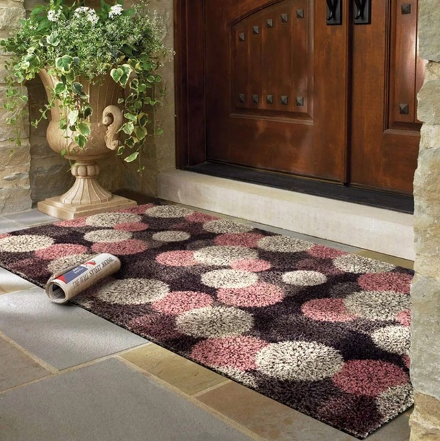 dat-tham-chui-chan-o-cua-chinh Thảm trải sàn họa tiết chấm bi trước cửa gỗ, cạnh chậu cây, với tờ báo đặt bên trên.