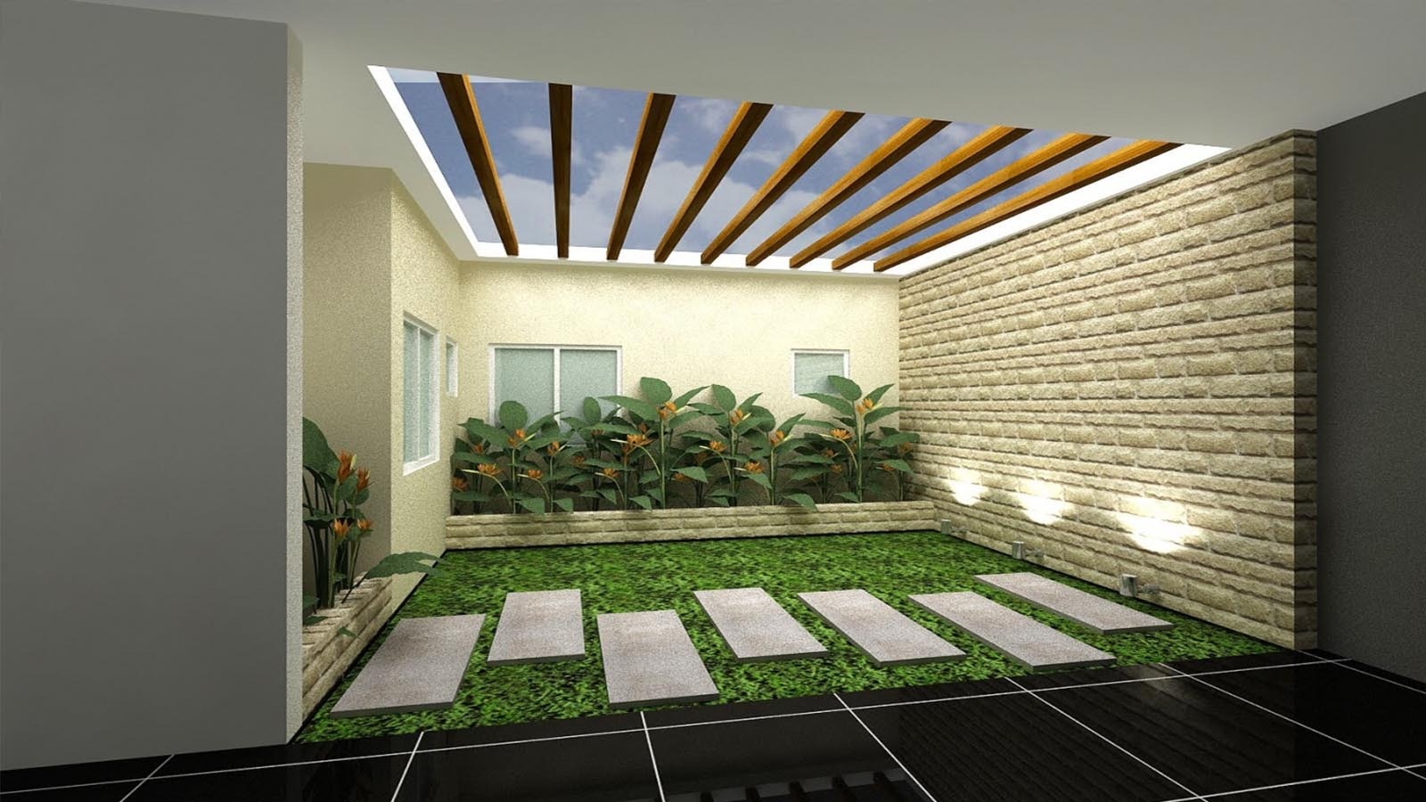 Sân vườn trong nhà với mái che, cây cảnh và lối đi lát đá, mang không gian thoáng đãng và đầy sáng tạo.