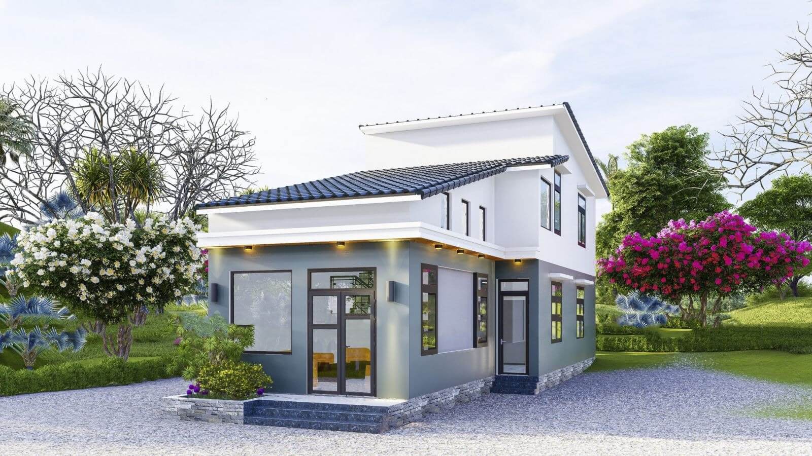 diem-nhan-trong-thiet-ke-nha-2-mai-truoc-sau Nhà cấp 4 hiện đại với mái lệch, cửa sổ kính, bao quanh bởi hoa và cây xanh.