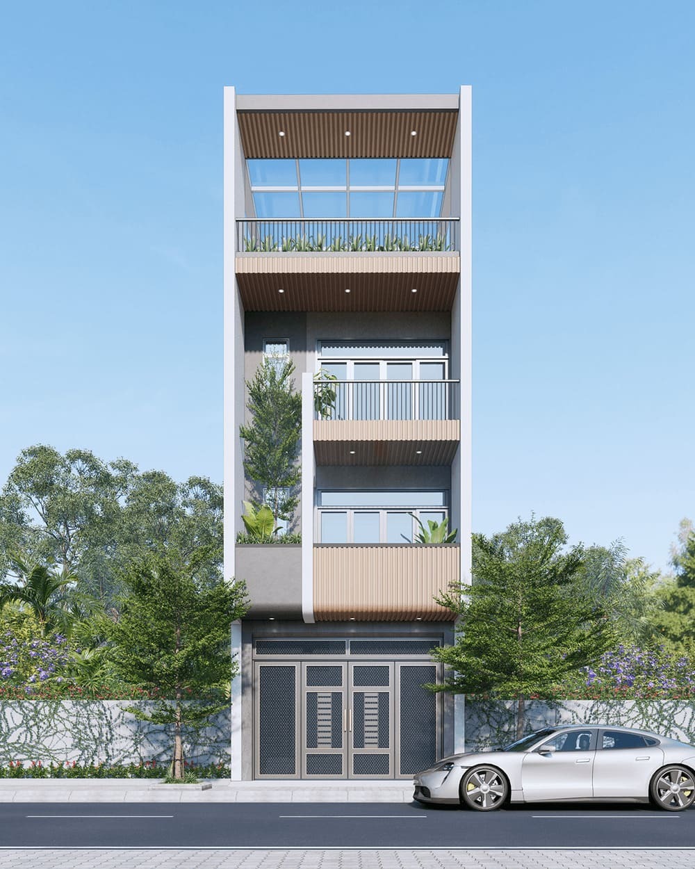 Nhà phố hiện đại 4 tầng với thiết kế mái kính và cây xanh phía trước, có ô tô đỗ trên lề đường.