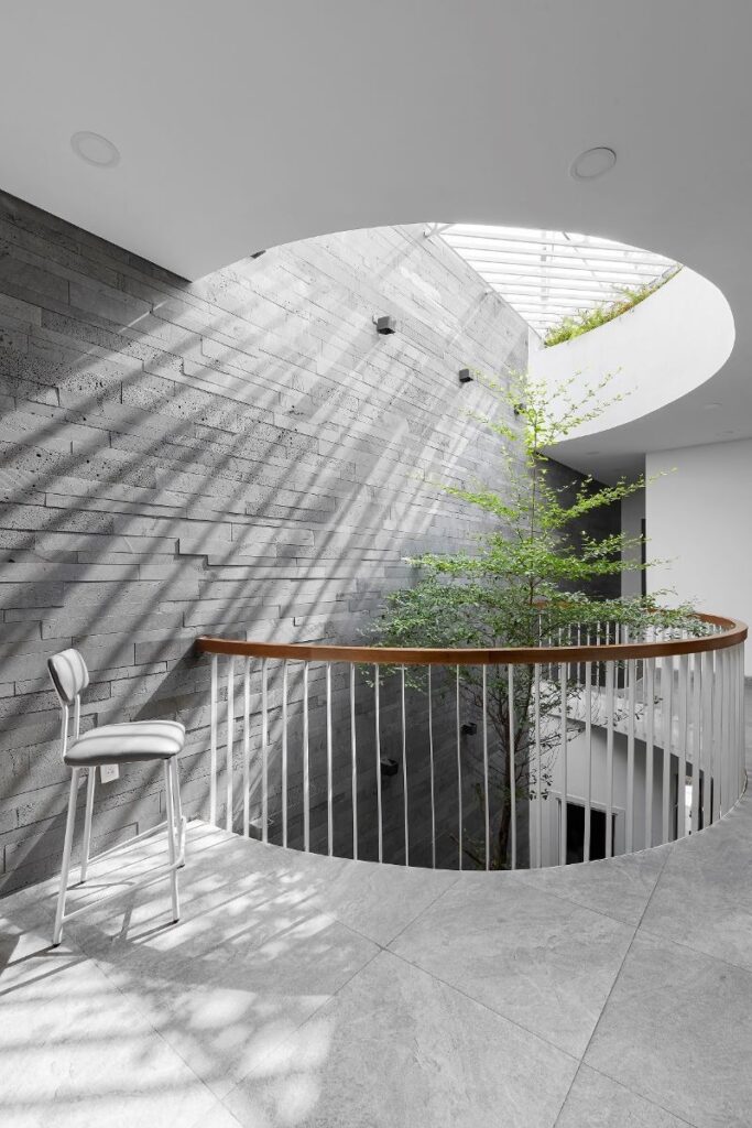 Không gian nội thất sáng tạo với giếng trời, tường xám, và cây xanh trang trí trong nhà.