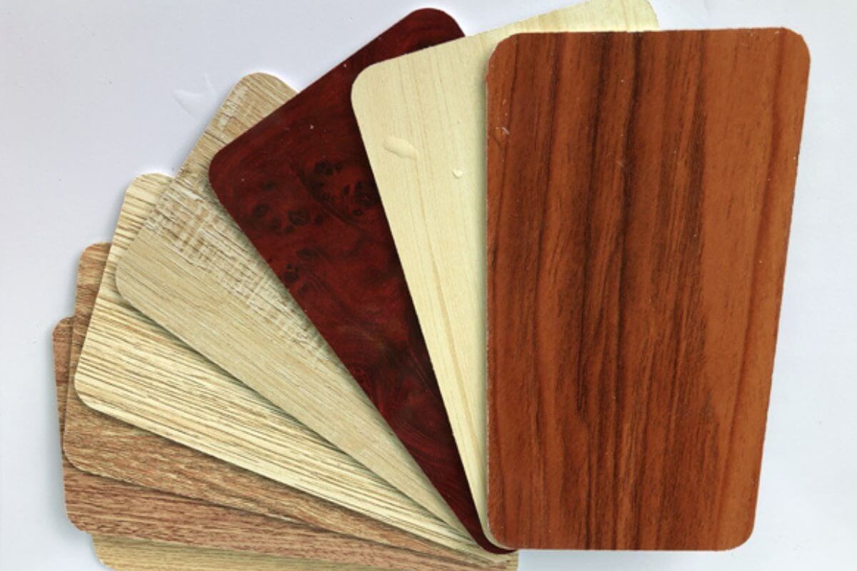 Bộ mẫu laminate gỗ nhiều màu sắc trên nền trắng, dùng trong trang trí nội thất và cải thiện không gian sống.
