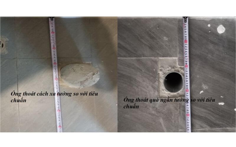 Hình ảnh đo khoảng cách ống thoát so với tường, với kết quả khác nhau so với tiêu chuẩn xây dựng.