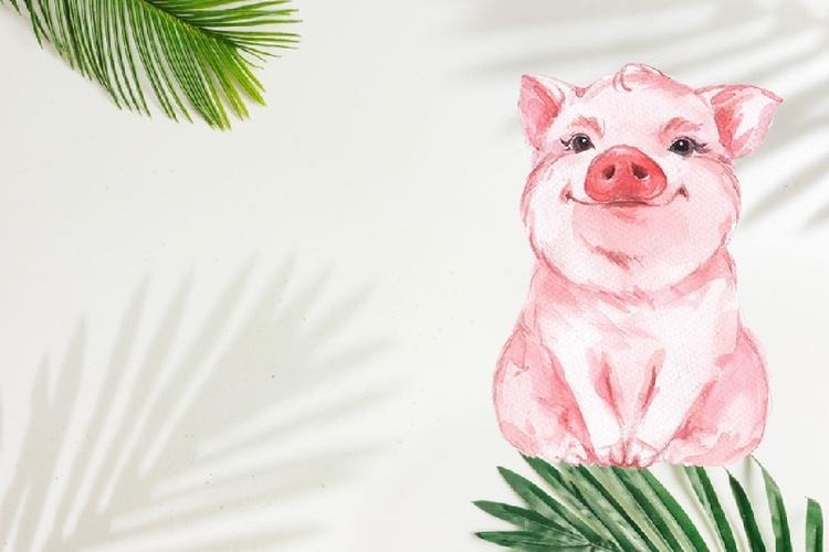 Bức tranh lợn con màu hồng dễ thương, nền trắng với lá cọ xung quanh, tạo cảm giác vui tươi và tự nhiên.