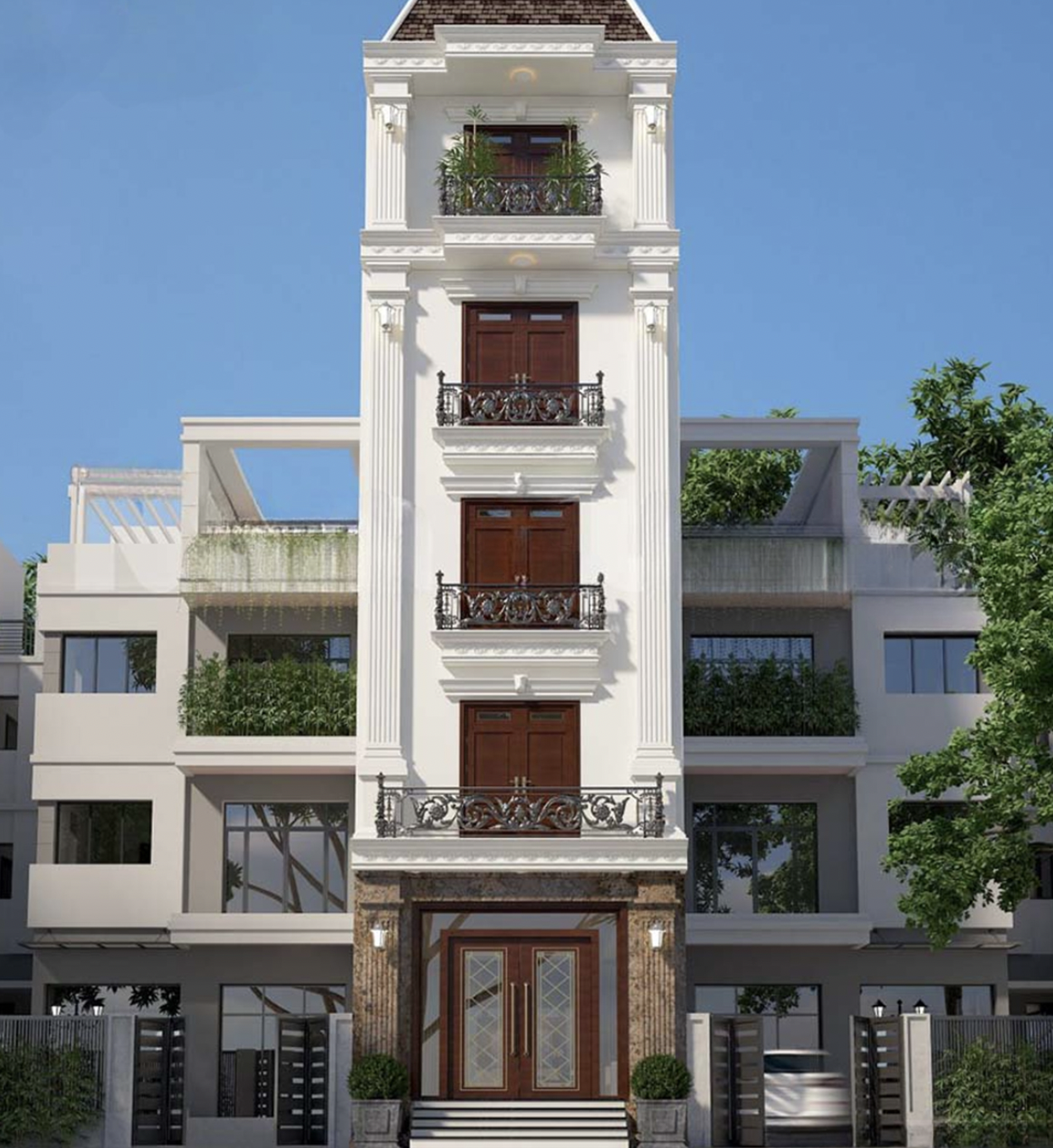 Tòa nhà hiện đại với thiết kế nhiều tầng, cửa sổ lớn và ban công; cây xanh xung quanh, trời xanh trong vắt.