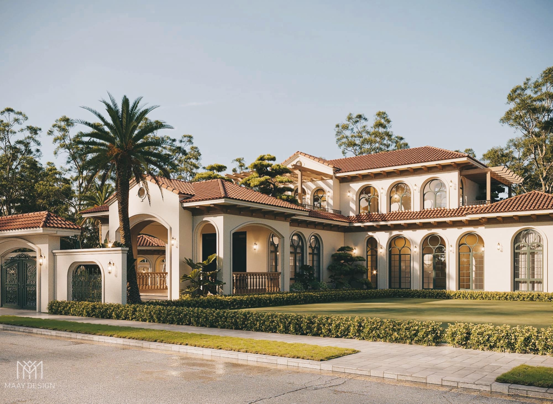 dth Biệt thự sang trọng kiểu Địa Trung Hải với mái ngói đỏ và cây cọ trong khung cảnh xanh tươi.