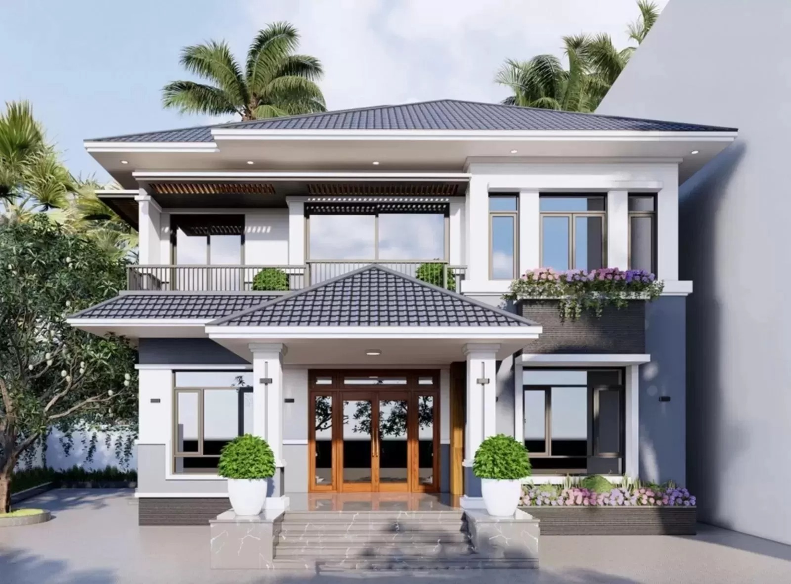 Nhà hai tầng hiện đại với mái ngói xanh và cây xanh xung quanh.